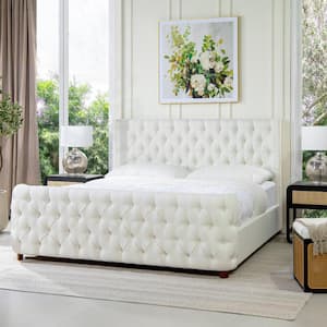 Geneva Antique White Polyester Frame King Platform Bed with Curved Wing Upholstered