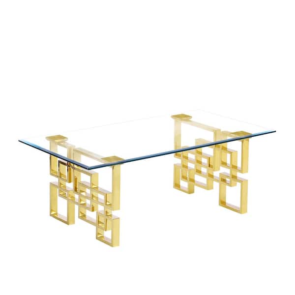 Best Quality Furniture Rosa 47 in. Gold Rectangle Tempered Glass Top Coffee Table with Stainless Steel Base