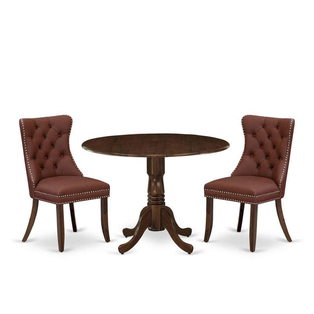 3-Piece Antique Walnut Finish Solid Wood Top-Round Upholstered Dining Room Set with Dropleaf-Seats 4