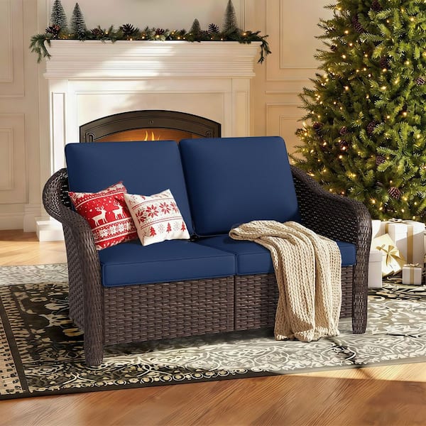 Brown Wicker Outdoor Patio Loveseat Sofa Couch with Blue Cushions
