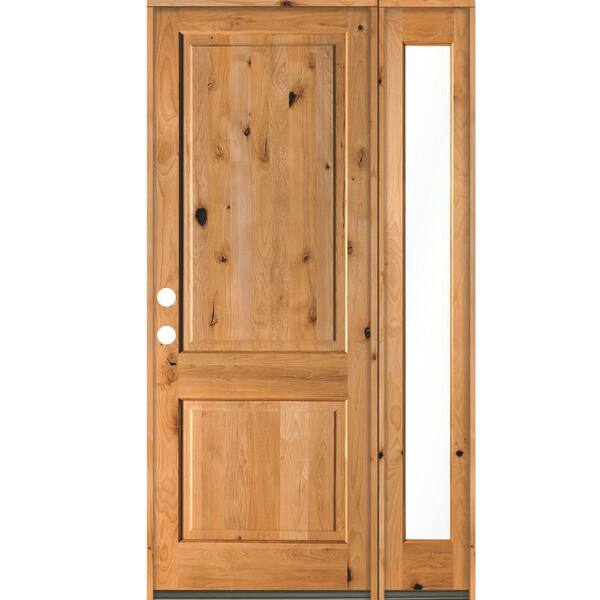 Krosswood Doors 56 in. x 96 in. Rustic knotty alder Right-Hand/Inswing Clear Glass Clear Stain Square Top Wood Prehung Front Door w/RFSL