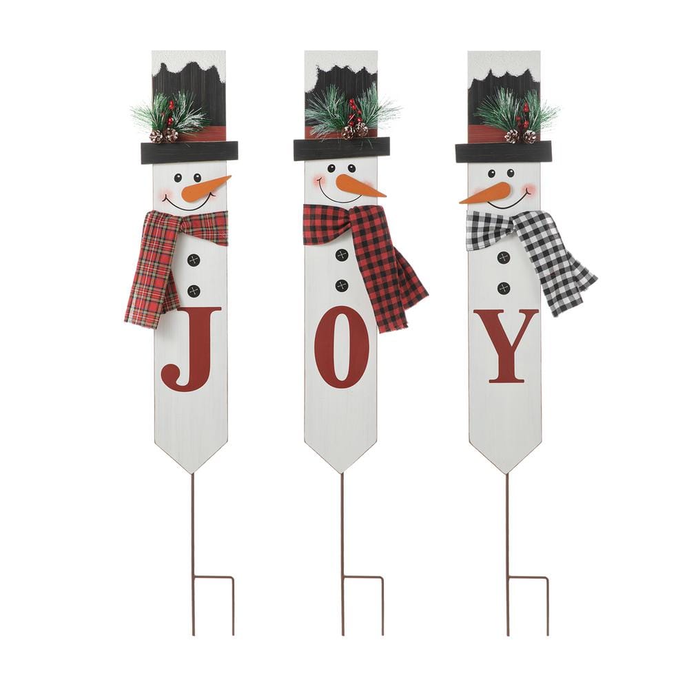 Glitzhome Wooden Metal Snowman Yard Stake Set, 3 Piece