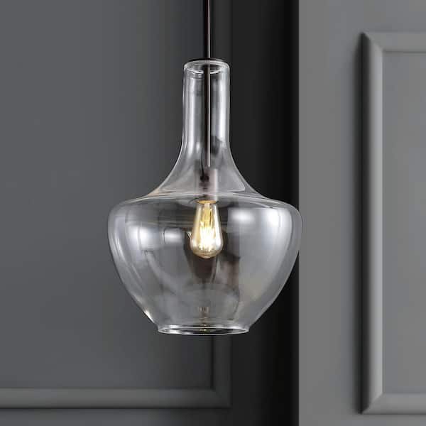 JONATHAN Y Watts 13.25 in. 1-Light Oil Rubbed Bronze/Clear LED Pendant with Glass/Metal