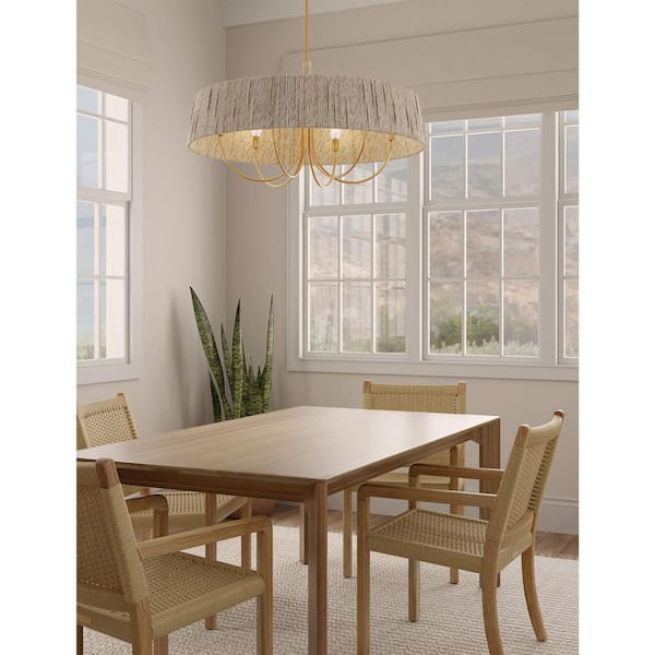 Hellia 60-Watt 6-Light Legacy Brass Drum Pendant Light with a Natural Abaca Rope Shade, No Bulbs Included