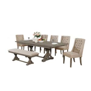 Linda 7-Piece Rectangular Rustic Grey Wood Top Table Set With Bench and 5-Beige Linen Fabric Chair with Tufted Button