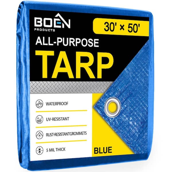 BOEN 30 ft. x 50 ft. Multi-Purpose Blue Poly Tarp Cover 5 Mil Thick Weave Material, Waterproof