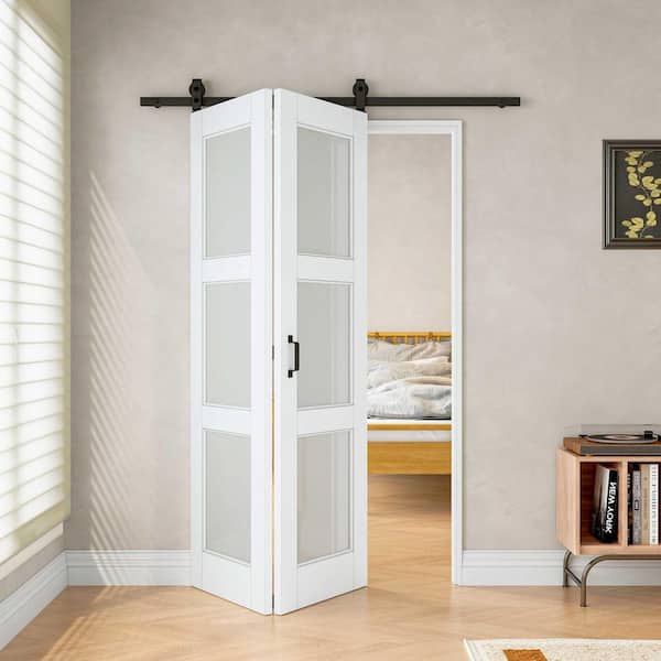 48 in. x 96 in. 3-Lite Tempered Frosted Glass White Primed Composite MDF Bi-Fold Sliding Barn Door with Hardware Kit