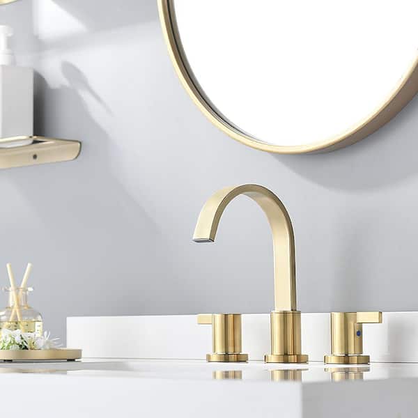 8 in. 2 Handle Waterfall Widespread Brushed Gold Bathroom Sink Faucet with Metal Pop-Up Drain