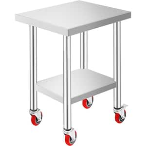 Silver Stainless Steel Rolling Table 24 x 18 x 34 in. Kitchen Prep Table with Wheels and Brake Kitchen Utility Table