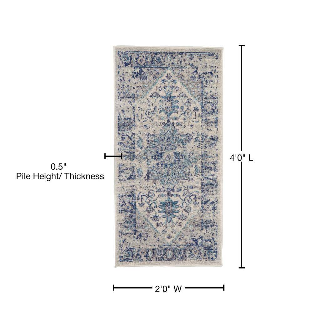 Ivory and Navy Synthetic 24'' Easy-Care Rectangular Area Rug