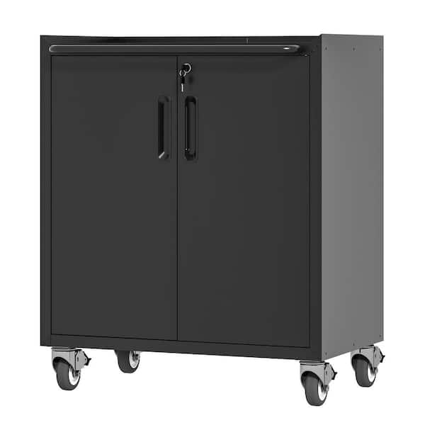 29.53 in. W x 16.50 in. D x 34.65 in. H Black Metal Lockable Linen Cabinet with Wheels and Adjustable Shelf