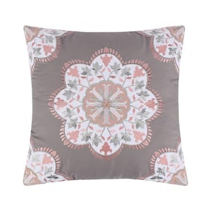 Belhaven Grey, Blush Medallion Embroidered 18 in. x 18 in. Throw Pillow