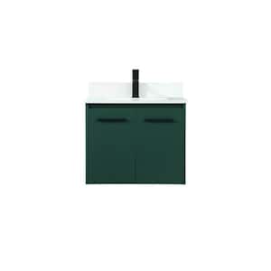 24 in. W Single Bath Vanity in Green with Engineered Stone Vanity Top in Ivory with White Basin with Backsplash