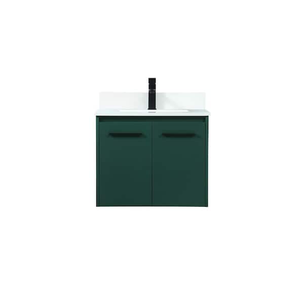 Unbranded 24 in. W Single Bath Vanity in Green with Engineered Stone Vanity Top in Ivory with White Basin with Backsplash