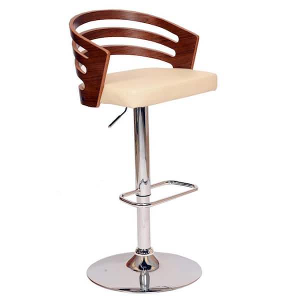 HomeRoots Cream Faux Leather Walnut and Chrome Adjustable Swivel Bar Stool