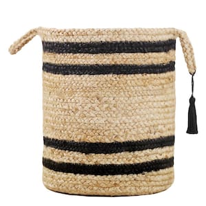 Amara Double Striped Natural Jute Tan / Black 17 in. Decorate Storage Basket with Handles