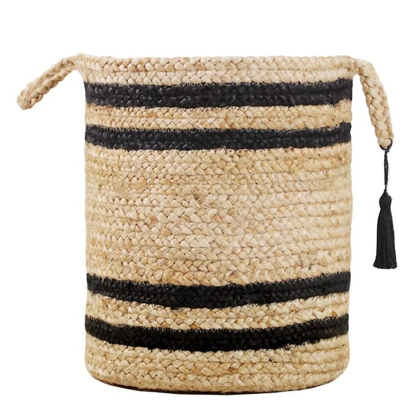 LR Home Amara Double Striped Natural Jute Tan / Black 17 in. Decorate Storage Basket with Handles