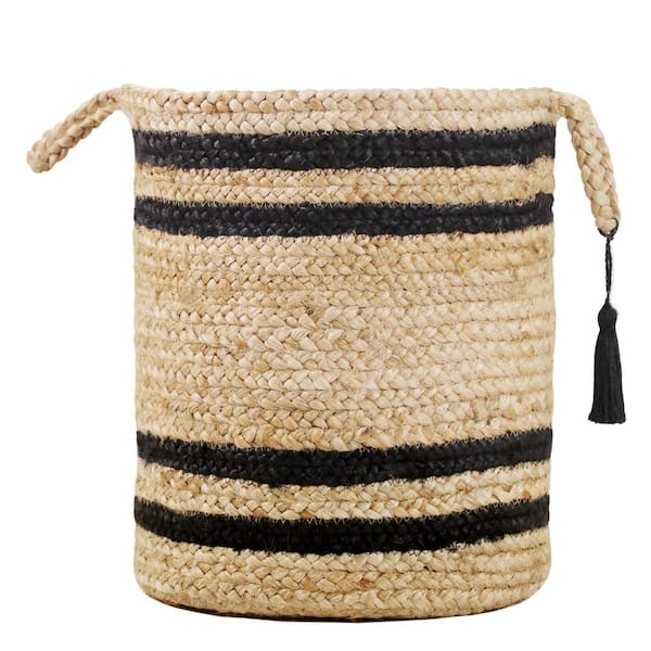 Unbranded Amara Double Striped Natural Jute Tan / Black 17 in. Decorate Storage Basket with Handles