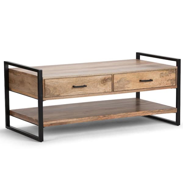 Simpli Home Riverside 48 in. Natural/Black Large Rectangle Wood Coffee Table with Drawers