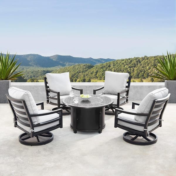 Hudson Luxurious Antique Copper 5-Piece Aluminum Patio Fire Pit Deep Seating Set with Light Grey Cushions