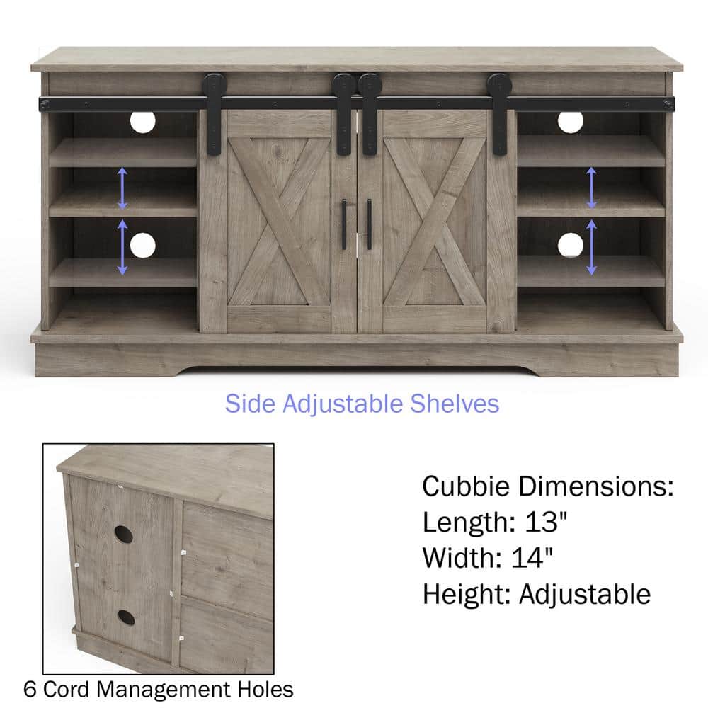 Gray Woodgrain 65-inch TV Stand with Cabinets and Metal Hardware