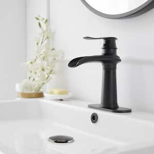 Waterfall Single Hole Single Handle Bathroom Vanity Sink Faucet Farmhouse With Pop up Drain Assembly in Matte Black