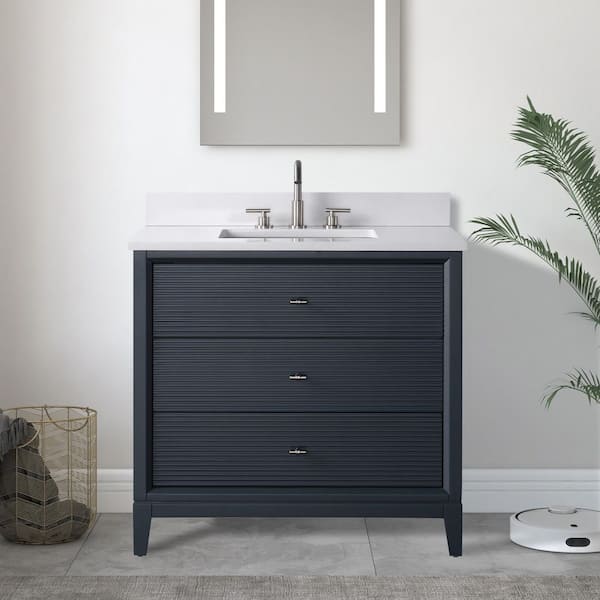 36 in. W Single Sink Freestanding Vintage Spruce Blue Bath Vanity Cabinet with Ariston White Engineered Marble Top