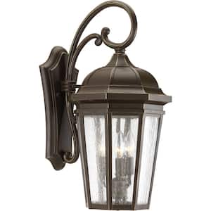Verdae Collection 3-Light Antique Bronze Clear Seeded Glass New Traditional Outdoor Large Wall Lantern Light