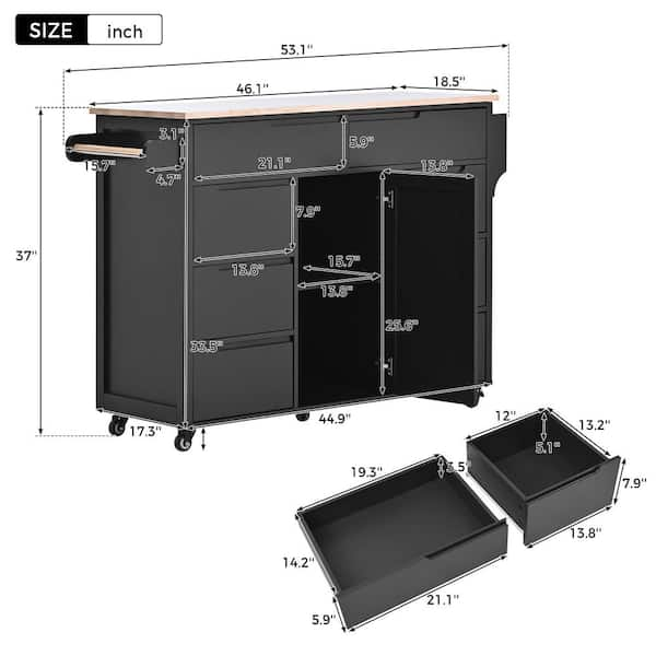 Black Wood 53.1 in. Kitchen Island on 5-Wheels with Storage Cabinet An