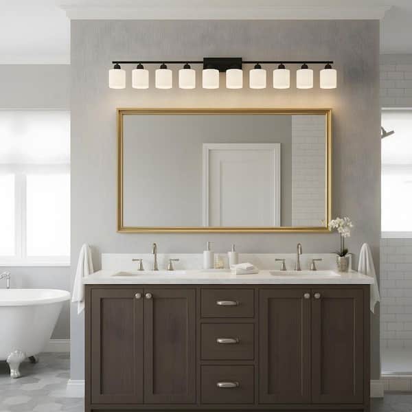 65 in. 10-Light Matte Black Bathroom Vanity Light with White Glass Shades