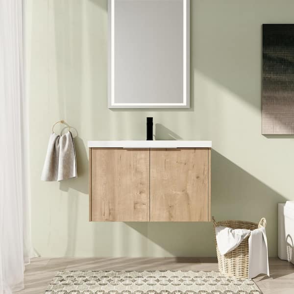 30 in. Wall-Mounted Single Oak Bath Vanity with White Resin Vanity Top Unassembled