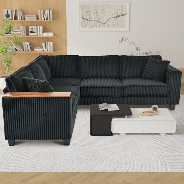Wise 97 in. Corduroy Upholstery L-Shaped Sectional Sofa in. Black with Armrest Storage, Pillows
