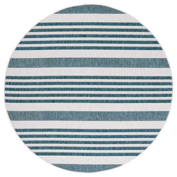 Courtyard Ivory/Teal 7 ft. x 7 ft. Geometric Striped Indoor/Outdoor Round Area Rug