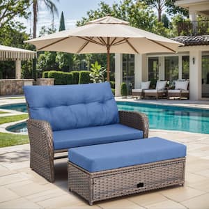 Brown Wicker Outdoor Day Bed with Blue Cushions and Matching Ottomans Multi-Functional Loveseat with Adjustable Backrest