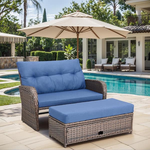 Brown Wicker Outdoor Day Bed with Blue Cushions and Matching Ottomans Multi-Functional Loveseat with Adjustable Backrest