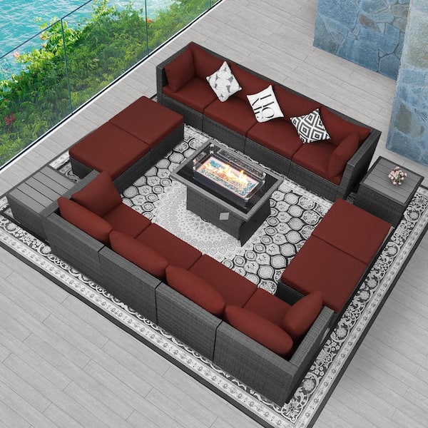FINCATI Luxury Gray 15-Piece 12-Seats Wicker Patio Fire Pit Sofa Set with Dark Red Cushions Ottomans and Coffee Tables
