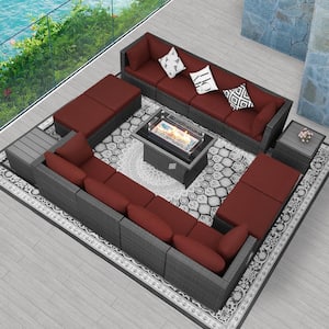 Luxury Gray 15-Piece 12-Seats Wicker Patio Fire Pit Sofa Set with Dark Red Cushions Ottomans and Coffee Tables