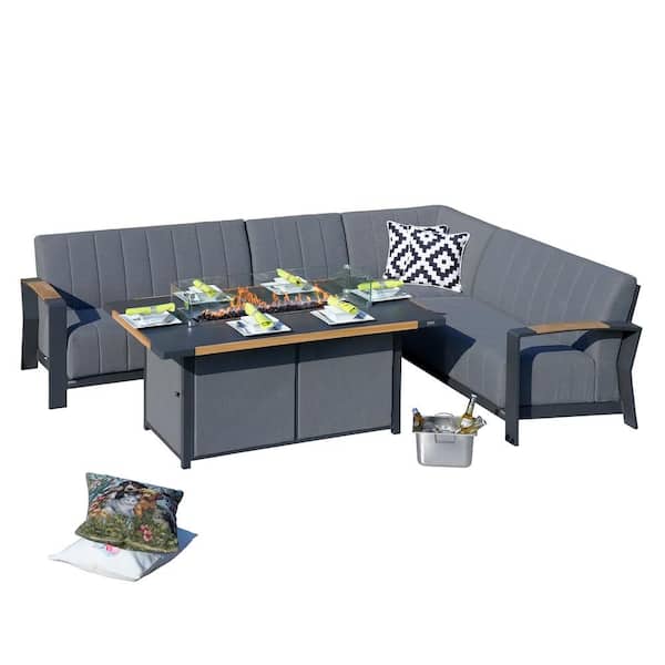 DIRECT WICKER Ashley 5-Piece Aluminum Patio Conversation Fire Pit Set with Gray Cushions