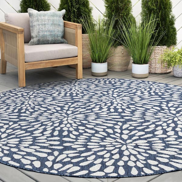 Eco Floral Navy 6 ft. Round Indoor/Outdoor Area Rug