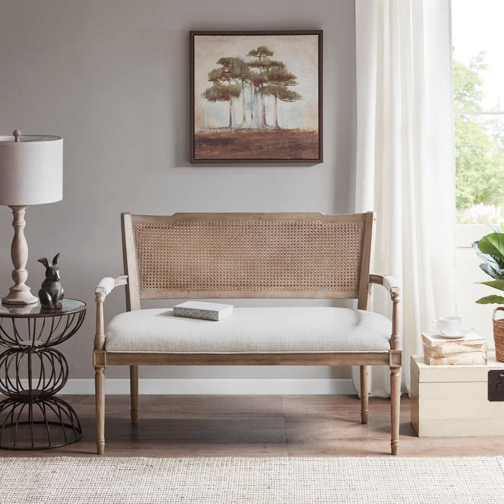 Beige Faux Leather Chesterfield Settee with Rattan Backrest