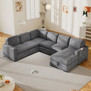 116.5 in. Corduroy(Polyester) U-Shape Sectional Sofa in. Gray with Hidden Storage Lounge, USB Charging, Pull-out Sofa