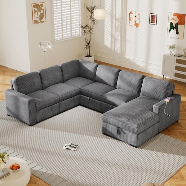 Harper & Bright Designs 116.5 in. Corduroy(Polyester) U-Shape Sectional Sofa in. Gray with Hidden Storage Lounge, USB Charging, Pull-out Sofa