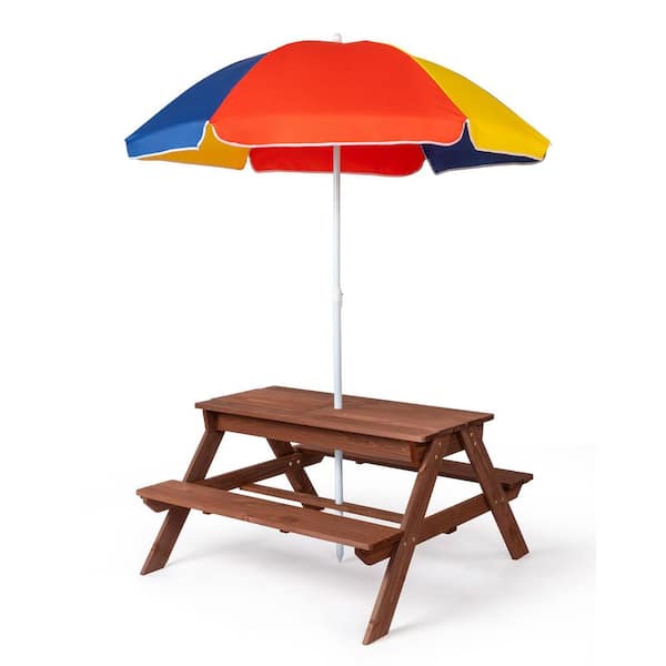 37 in. Kids Rectangle Wood Rectangle Outdoor Picnic Table and Bench with Umbrella and Play Boxes