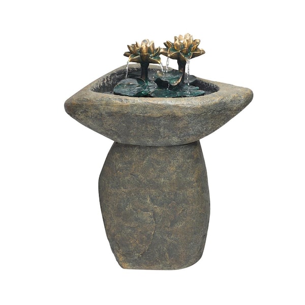 Alpine Corporation 30 in. Tall Outdoor Pedestal Lotus Rock Waterfall Fountain with LED Lights
