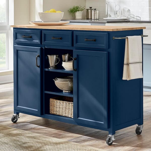 Home Decorators Collection Midnight Blue Rolling Kitchen Cart with Butcher Block Top and Storage (49.2 in. W)