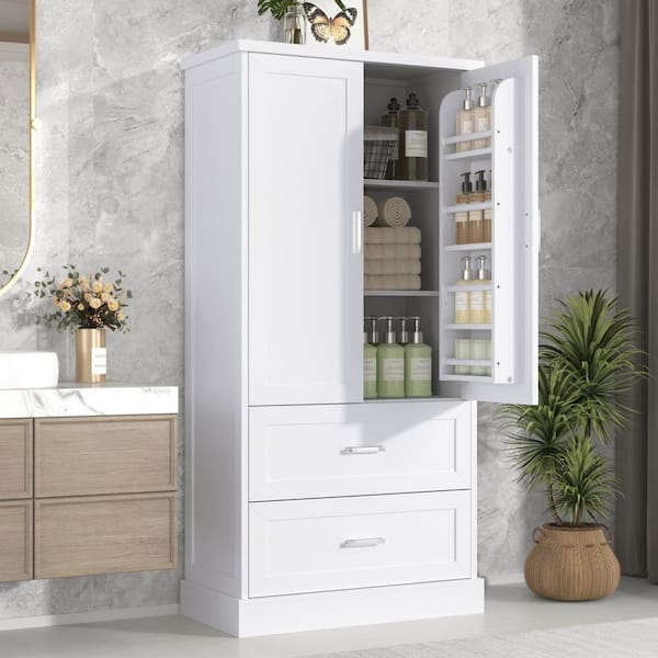 Unbranded Modern 32 in. W x 16 in. D x 64 in. H White Linen Cabinet Tall and Wide Floor Storage with 2 Doors and Drawers