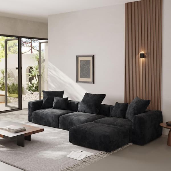 J&E Home 4-Piece 141 in. Corduroy Velvet Sectional Sofa Living Room Set, Free Combination Chair Loveseat and Couches Black