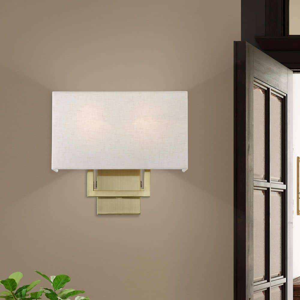 Antique Brass 2-Light Sconce with Oatmeal Fabric Shade