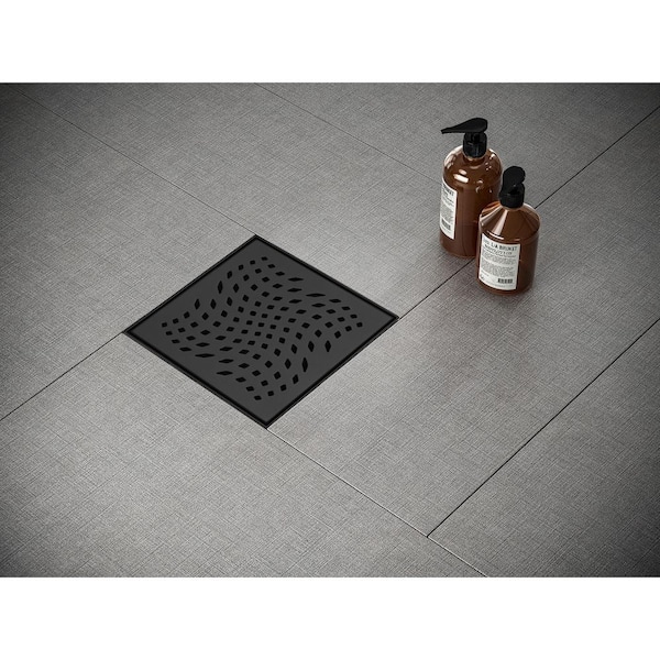 6 in. Square Stainless Steel Shower Drain with Wave Pattern, Matte Black