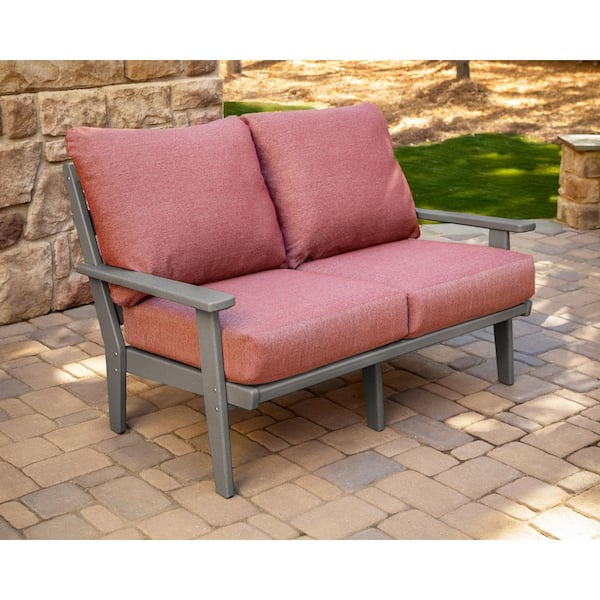 POLYWOOD Grant Park Slate Grey Deep Seating Plastic Outdoor Loveseat with Silver Garnet Cushions